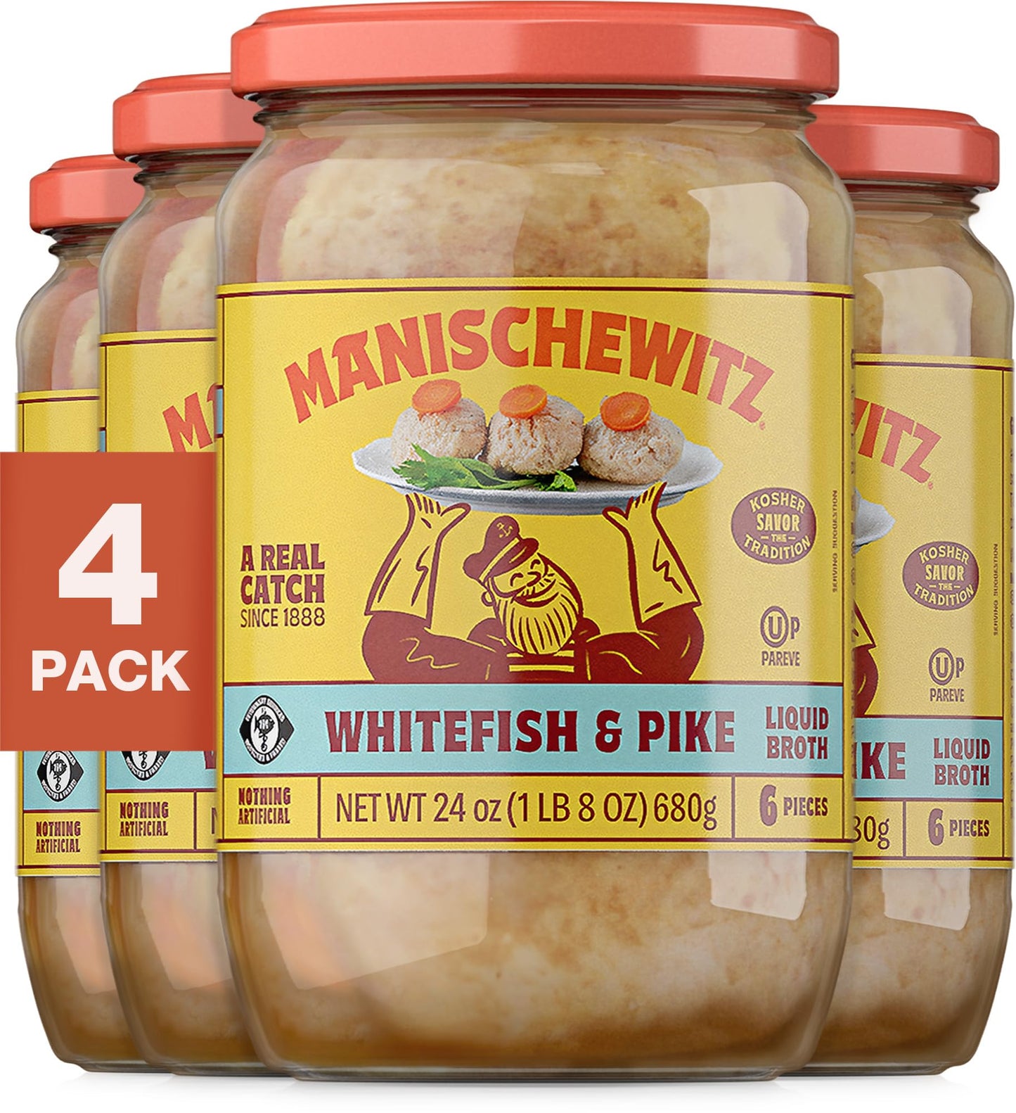Manischewitz Whitefish & Pike Gefilte Fish in Liquid Broth, 24oz (4 Pack) | All Natural, Packed with Protein, No Added MSG, Kosher for Passover