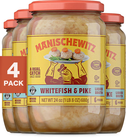 Manischewitz Whitefish & Pike Gefilte Fish in Liquid Broth, 24oz (4 Pack) | All Natural, Packed with Protein, No Added MSG, Kosher for Passover
