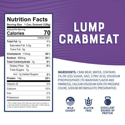Bumble Bee Lump Crab Meat, 6 oz Can - 14g Protein & 1g Carb Per Serving - Wild Caught, Small Chunks, Drain Before Use - Packaging May Vary