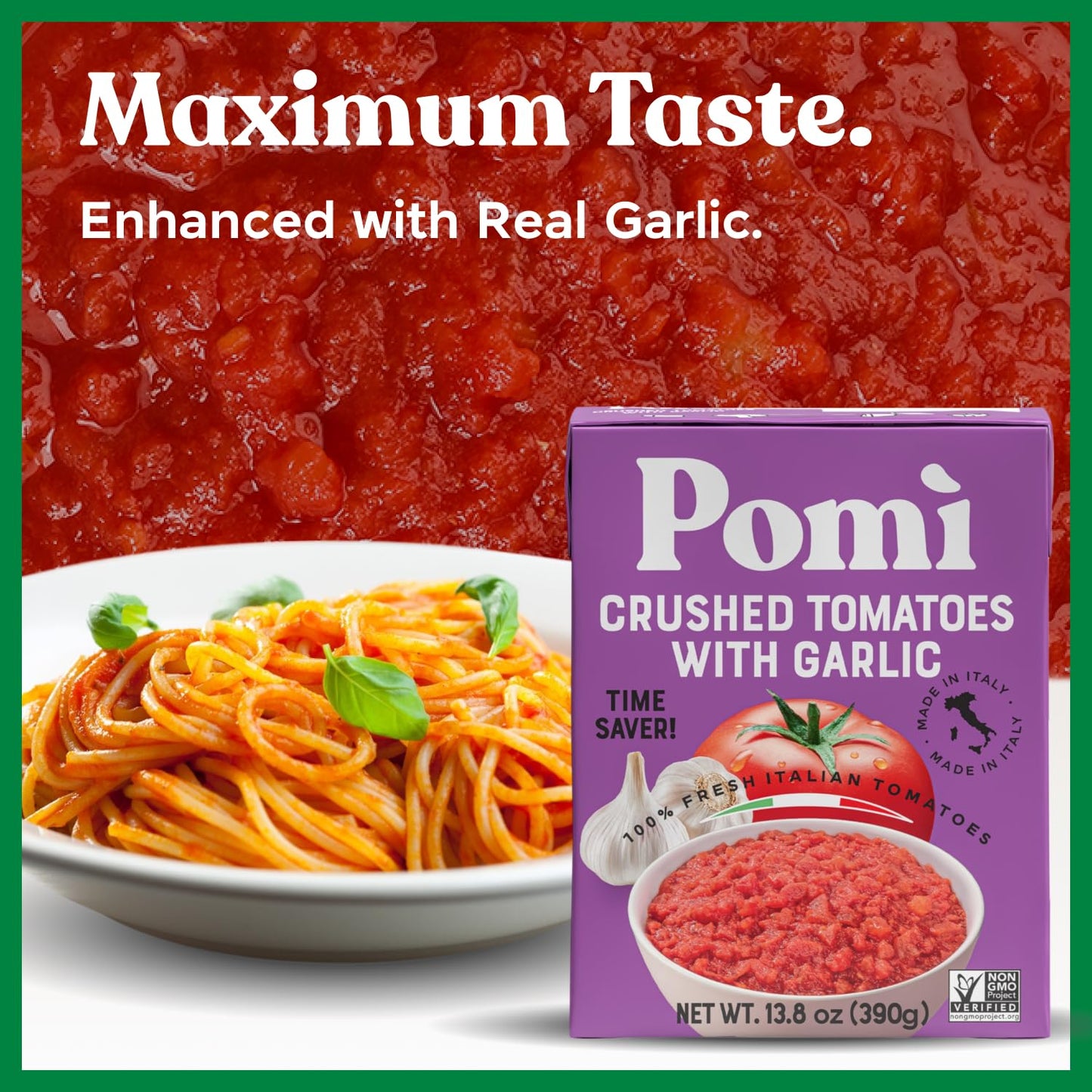Pomì Crushed Tomatoes with Garlic 13.8oz (Pack of 12) - No Salt Added, No Additives or Preservatives, GMO-Free, Gluten-Free, Made from 100% Fresh Italian Tomatoes, BPA-Free