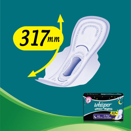 Whisper Maxi Nights Sanitary Pads for Women, XL, Pack of 15 Napkins