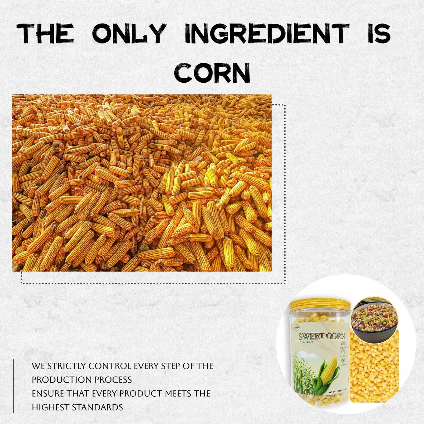 Freeze-dried sweet corn, 7.76 oz (220 g) — Gluten-free | Dehydrated corn | Suitable for salads, soups, and desserts | Packaged in an airtight jar | No added sugar | Sweet corn