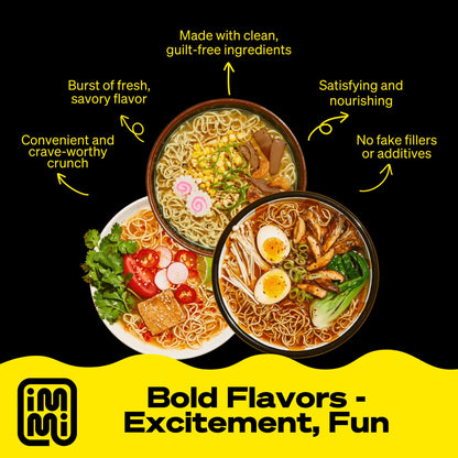 immi Variety Pack Ramen – Spicy “Beef,” Black Garlic “Chicken” & Tom Yum “Shrimp” – Vegan, High Protein Ramen Noodles – Low Carb, Zero Sugar – Healthy Keto-Friendly Ramen Bowls, 6-Pack