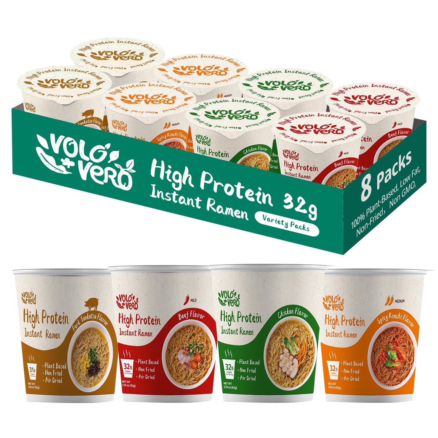 VOLO VERO High Protein (32g) Ramen Instant Noodles Cup, 8 Count, Variety Pack - Chicken, Pork Tonkotsu, Spicy Beef, Kimchi - Plant-Based, Vegan, Non-Fried, Low Fat, Non-GMO, Healthy Quick Meal