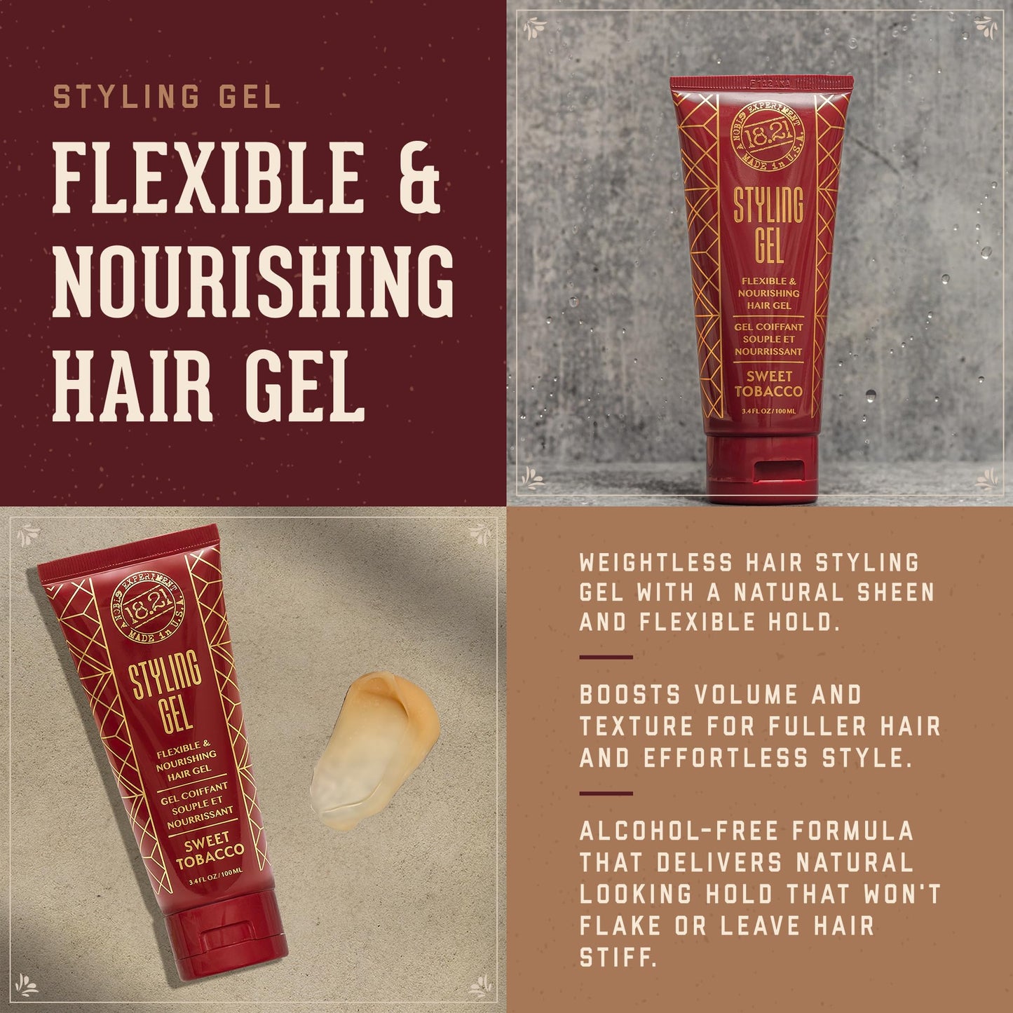 18.21 Man Made Hair Styling Gel for Men, Weightless All-Day Flexible Hold, 3oz. Original Sweet Tobacco Scent