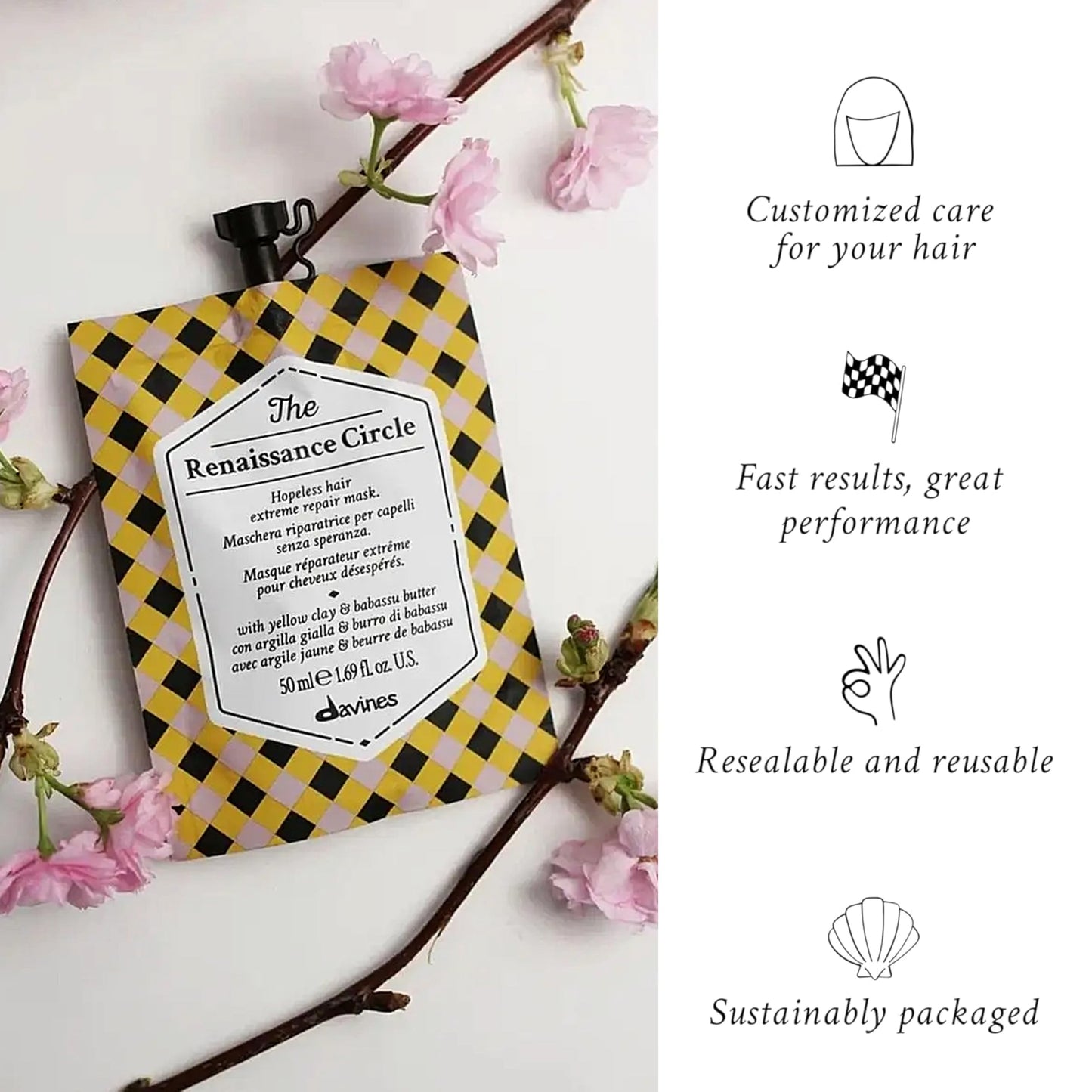 Davines The Renaissance Circle Hair Mask, Repairing Treatment for Extremely Damaged Hair - Restores Structure & Softness with Babassu Butter & Yellow Clay - Deep Conditioning, 1.69 Fl Oz