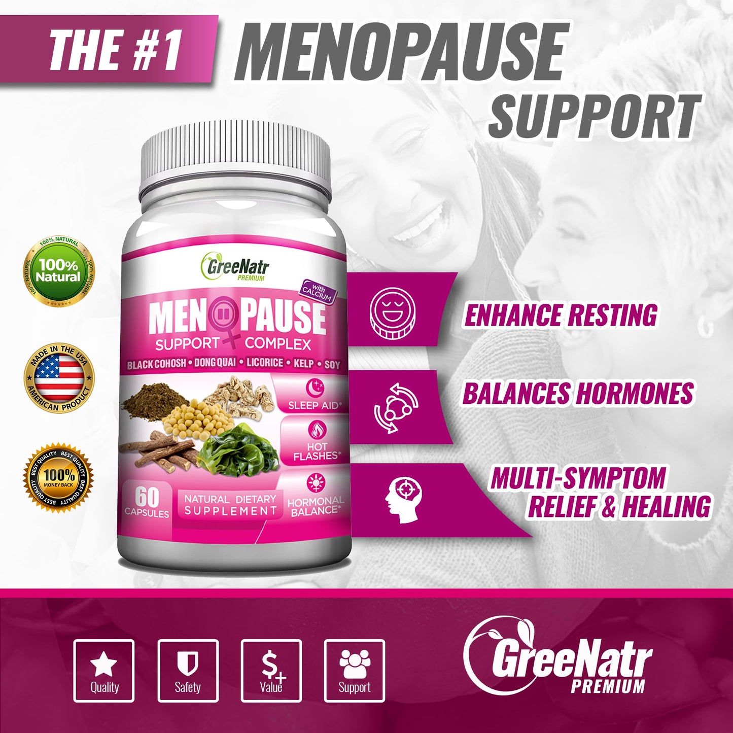 GreeNatr Menopause Supplements for Women - Perimenopause Supplements Women with Dong Quai & Black Cohosh for Menopause Hot Flashes - Menopause Support for Sleep Quality & Hormone Balance - 60 Caps