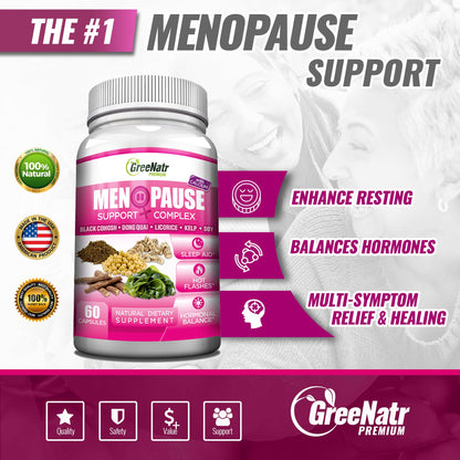 GreeNatr Menopause Supplements for Women - Perimenopause Supplements Women with Dong Quai & Black Cohosh for Menopause Hot Flashes - Menopause Support for Sleep Quality & Hormone Balance - 60 Caps