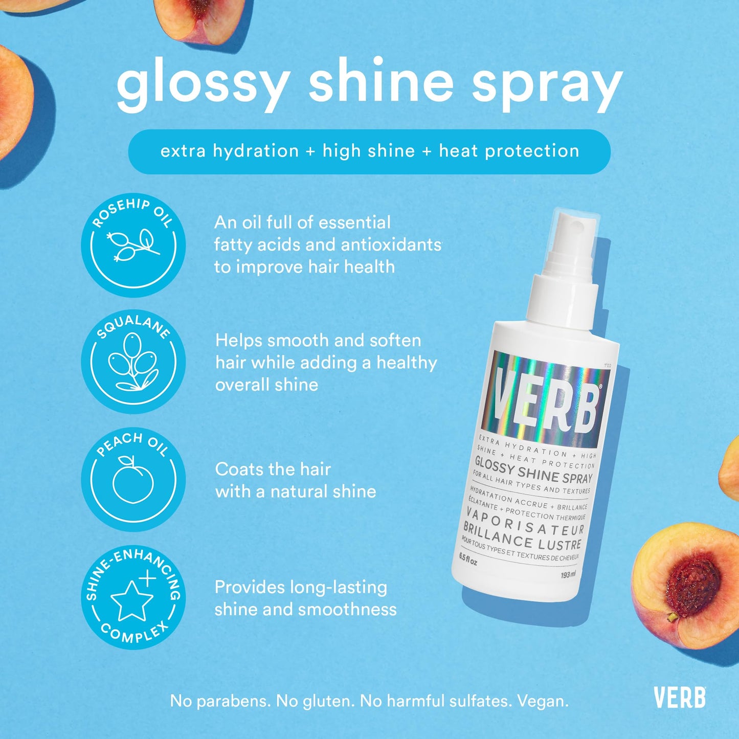VERB Glossy Shine Spray - Moisturizing Heat Protection Hair Spray - Adds High Shine and Primes for Styling - Vegan, No Parabens or Harmful Sulfates
