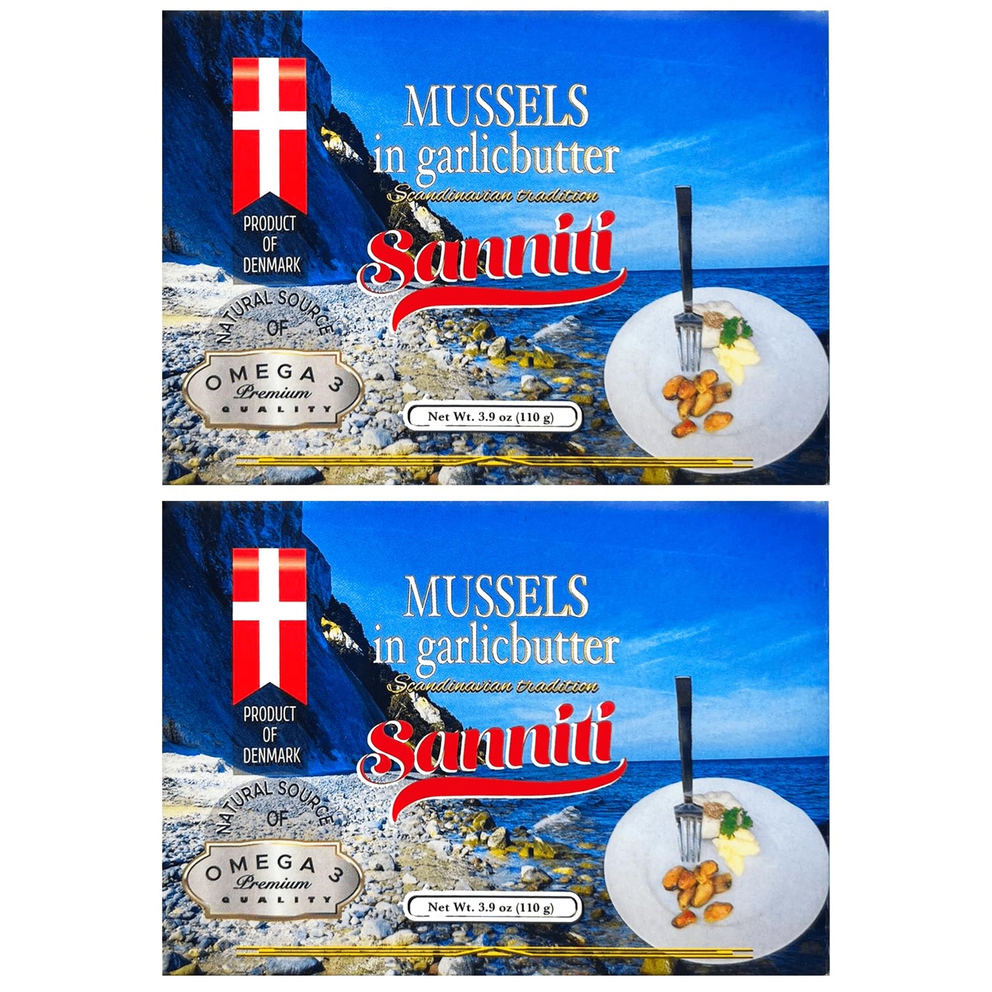Sanniti Mussels in Garlic Butter, 3.9 oz | Scandinavian-Style Seafood | Heat & Serve | Product of Denmark | Natural Source of Omega-3