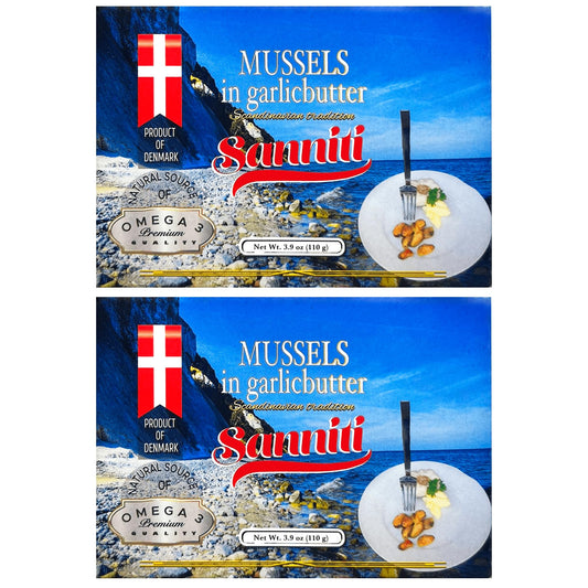 Sanniti Mussels in Garlic Butter, 3.9 oz | Scandinavian-Style Seafood | Heat & Serve | Product of Denmark | Natural Source of Omega-3