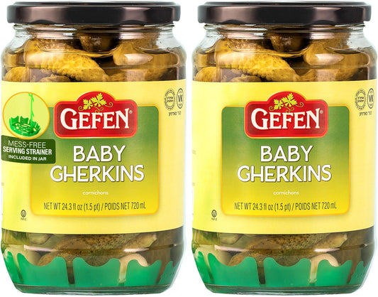 Gefen Baby Cornichon Gherkins | Mini Pickles, 24oz (2 Pack) With Built in Strainer | Super Crisp Mini Gherkins | No Coloring | Natural Flavors | Kosher
