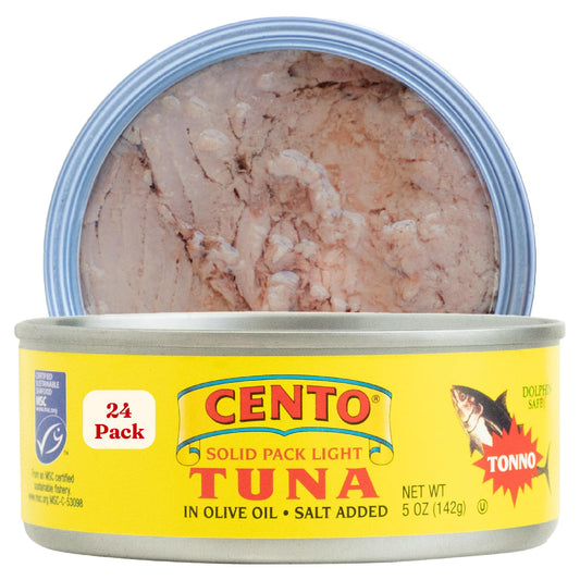 Cento Solid Pack Light Tuna in Olive Oil, 5 Oz (Pack of 24) High Protein, MSC Certified, Wild Caught, Packed Fresh, Canned Tuna Fish for Snacks, Salads, Meals - Gluten Free, Non-GMO, Kosher, BPA Free