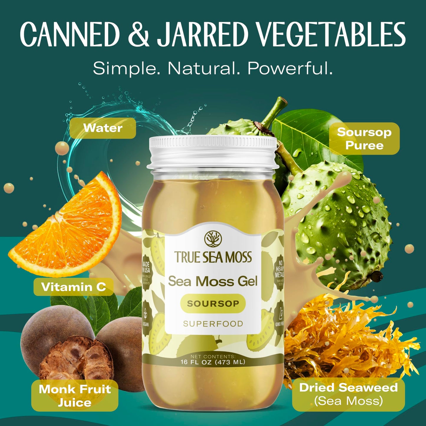 TrueSeaMoss Sea Moss Gel – Made in USA – Wildcrafted Seamoss, Fruits & Jarred Vegetables – Soursop, Pack of 1 (Labels may Vary)