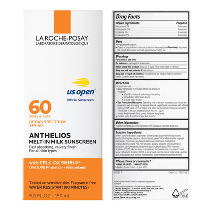 La Roche-Posay Anthelios Melt-In Milk Sunscreen SPF 60, Sunscreen For Body & Face, Broad Spectrum SPF + Antioxidants, Oil Free, Lightweight & Fast Absorbing, Oxybenzone Free