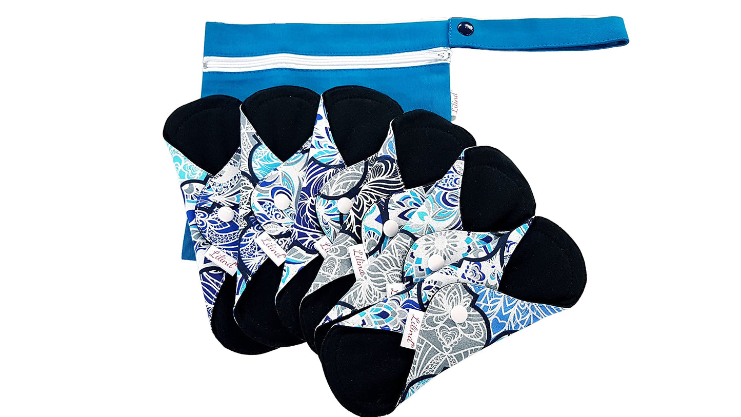 Lilind® 6 Pack Black Cloth Pads, Regular 9 inch 100% Cotton Reusable Menstrual Sanitary Napkins, Free Wet Bag, Complete Set, Zero Waste