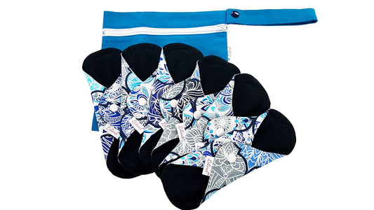 Lilind® 6 Pack Black Cloth Pads, Regular 9 inch 100% Cotton Reusable Menstrual Sanitary Napkins, Free Wet Bag, Complete Set, Zero Waste