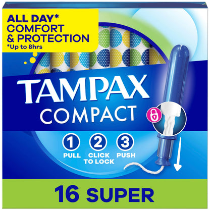 Tampax Compact Pearl Tampons, with LeakGuard Braid & Extendable Applicator, Super Absorbency, Compact Extendable Applicator, Unscented, 16 Count (Packaging May Vary)