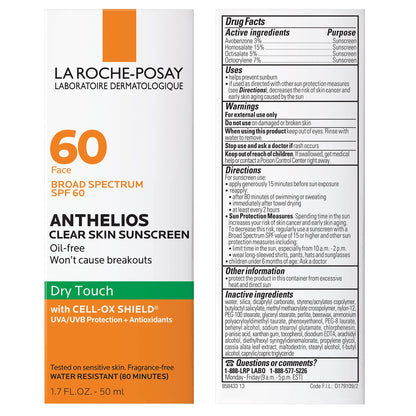 La Roche-Posay Anthelios Clear Skin Sunscreen Dry Touch SPF 60, Oil Free Sunscreen For Face, Oil Absorbing, Broad Spectrum SPF + Antioxidants, Non-Greasy, Oxybenzone Free, Travel Size