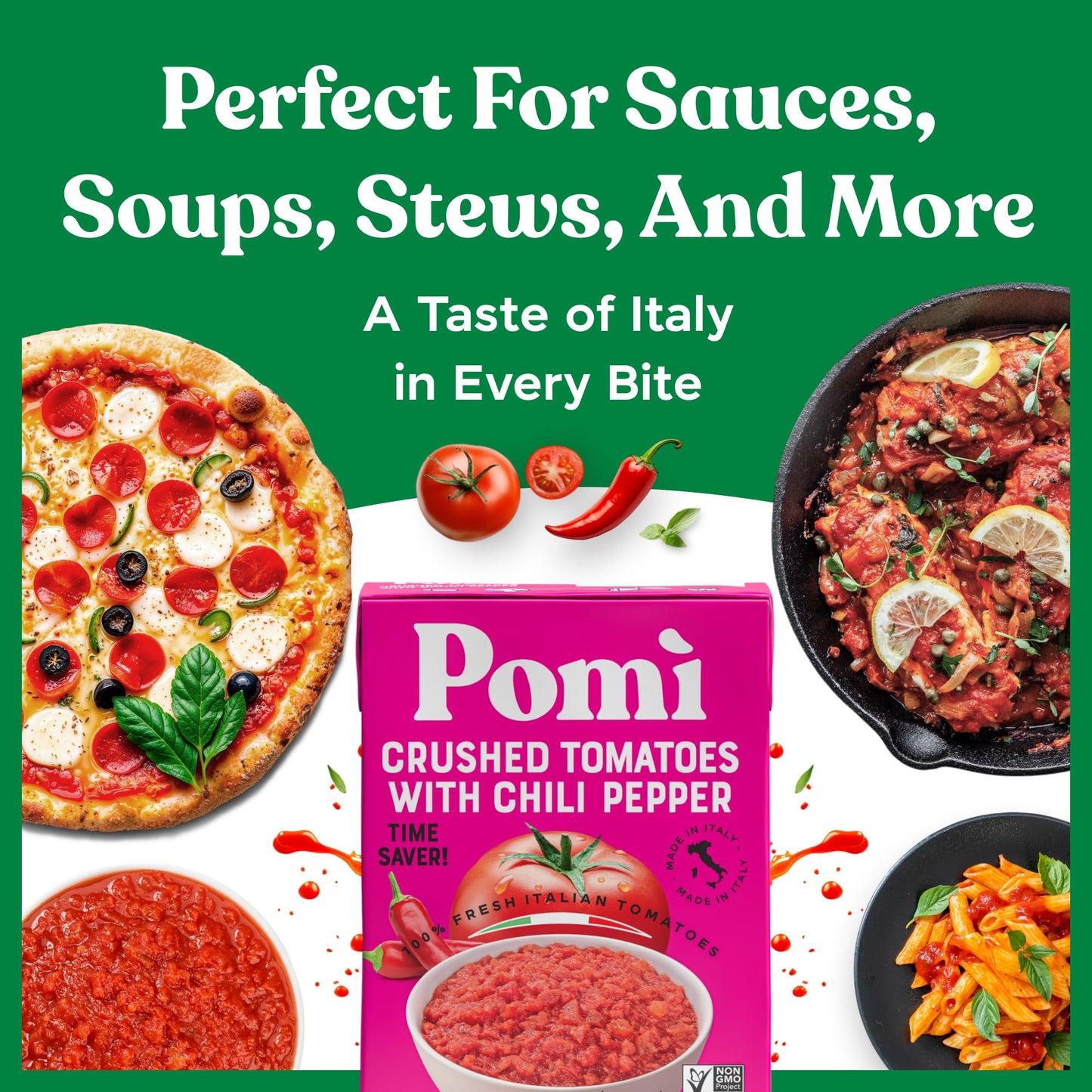 Pomì Crushed Tomatoes with Chilli Pepper 13.8oz (Pack of 12) - Velvety Italian Tomato No Salt Added, No Additives or Preservatives Tomato Crushed BPA free - Made from 100% Fresh Italian Tomatoes