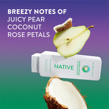 Native Sunscreen Lotion Pear & Coconut Water SPF 30, 100% Mineral SPF for Face & Body Broad Spectrum UVA UVB for Men & Women, Suitable for Sensitive Skin & Hawaii Compliant, Lightweight, 7oz