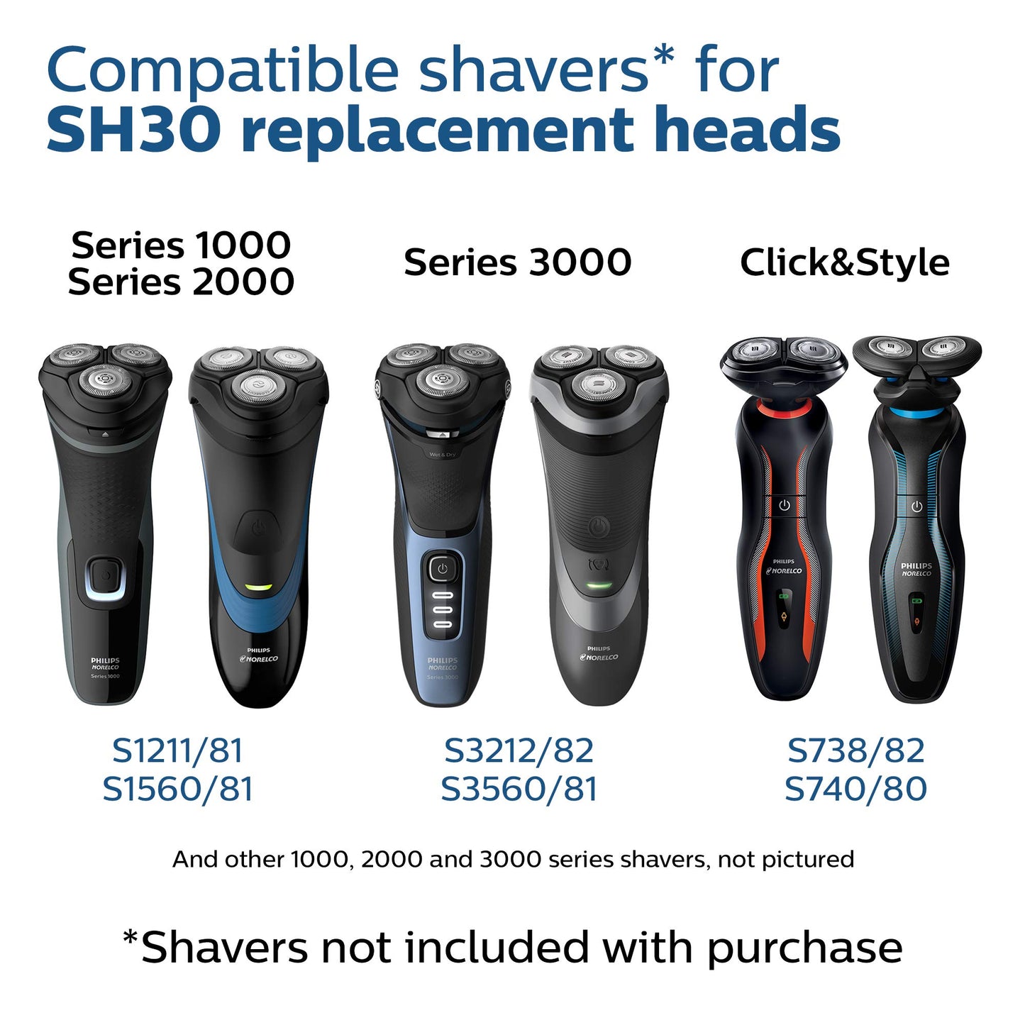 Philips Norelco SH30/52 Shaving Heads, Compatible with Philips Shavers Series 1000, 3000 and 5000, Powerful Performance, Self-Sharpening, 3 Pieces, Model SH30/52