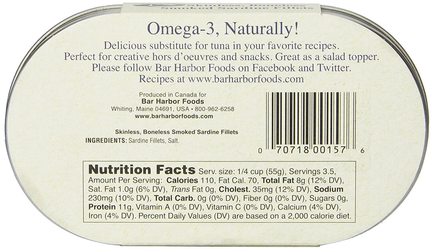 Bar Harbor Skinless & Boneless Smoked Sardine Fillets, 6.7 oz (190g) | Naturally Wood Smoked | Excellent Source of Protein | EZ-Open BPA-NI Can | Product of Latvia