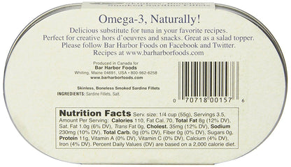 Bar Harbor Skinless & Boneless Smoked Sardine Fillets, 6.7 oz (190g) | Naturally Wood Smoked | Excellent Source of Protein | EZ-Open BPA-NI Can | Product of Latvia