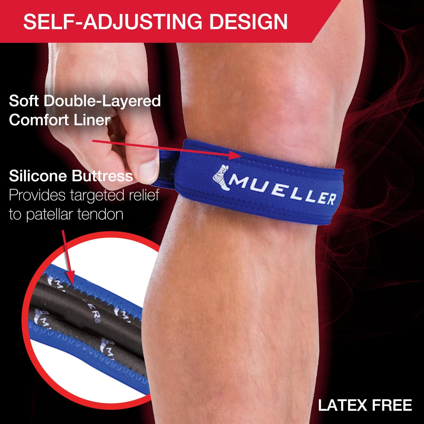 MUELLER Sports Medicine Jumper's Knee Single Strap for Men and Women, Knee Compression and Pain Relief Support, Ideal for Osgood-Schlatter's, Patellar Tendinitis, One Size