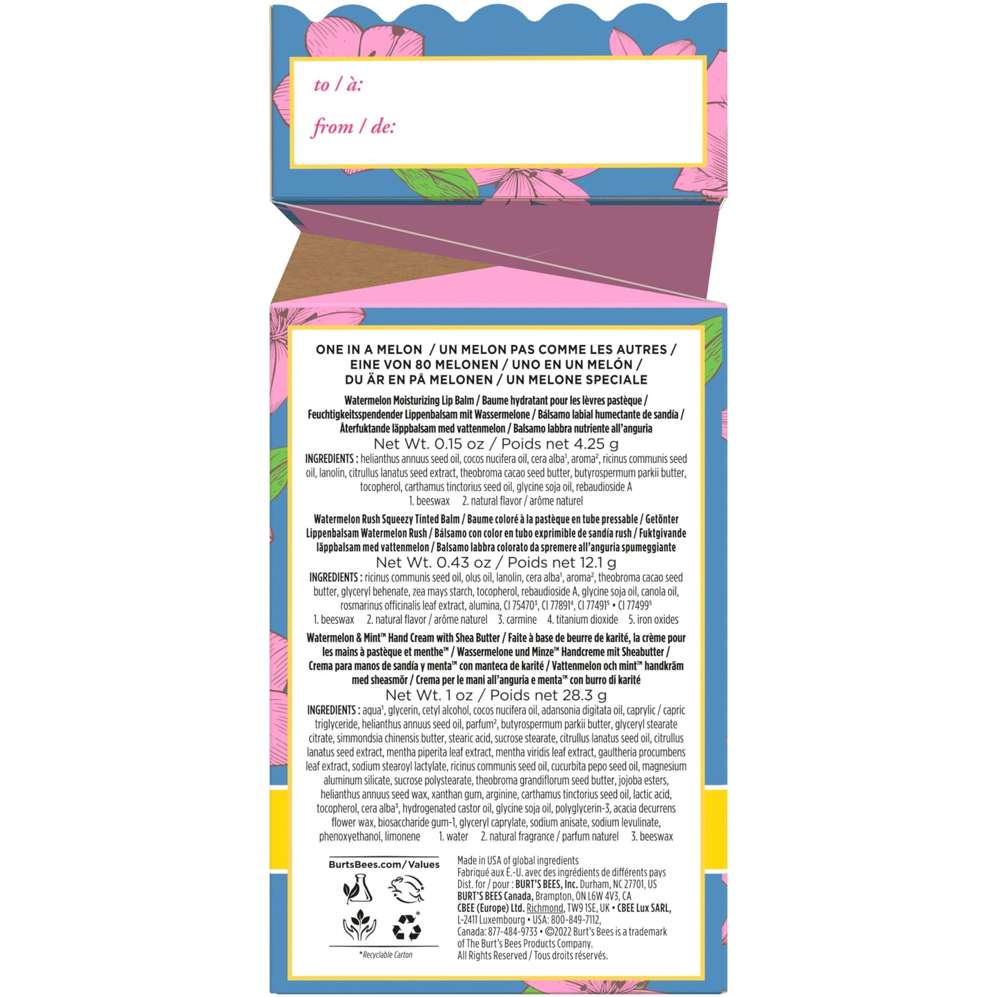 Burt's Bees Mothers Day Gifts for Mom, 3 Self Care Products, You're One in a Melon - Watermelon & Mint Hand Cream, Watermelon Lip Balm & Rush Squeezy Tinted Lip Balm (Packaging May Vary)