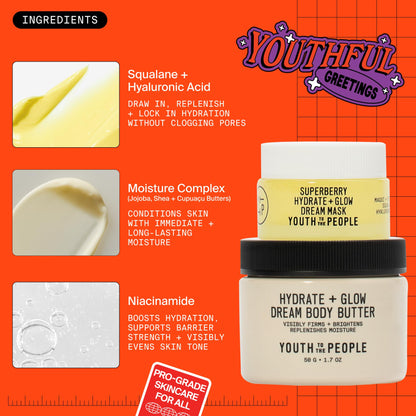 Youth To The People Dream A La Glow Set, 2-Pc Face + Body Hydration Giftset for Dry Skin ($40 Value), Mini Travel Moisturizers, with Superberry Dream Mask and Firming Body Butter