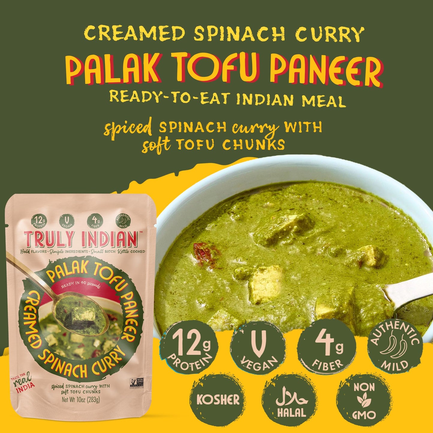 Truly Indian Creamed Spinach & Tofu Curry (Palak Tofu Paneer) 10 Ounce 6-Pack | Authentic Traditional Indian food | Made Fresh in India With Locally Grown Ingredients | Ready to Eat, Vegan