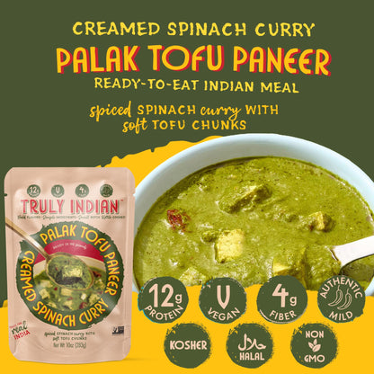 Truly Indian Creamed Spinach & Tofu Curry (Palak Tofu Paneer) 10 Ounce 6-Pack | Authentic Traditional Indian food | Made Fresh in India With Locally Grown Ingredients | Ready to Eat, Vegan