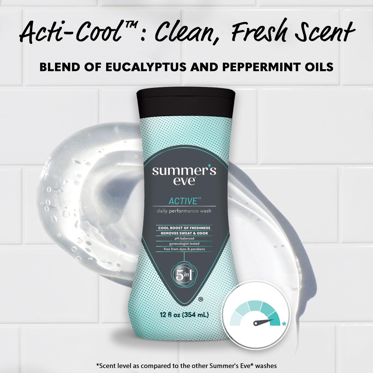 Summer's Eve Active Daily Performance Feminine Wash, pH-Balanced Body Wash for Women, Removes Vaginal Odor with Scents of Eucalyptus & Peppermint, 12 Fl Oz