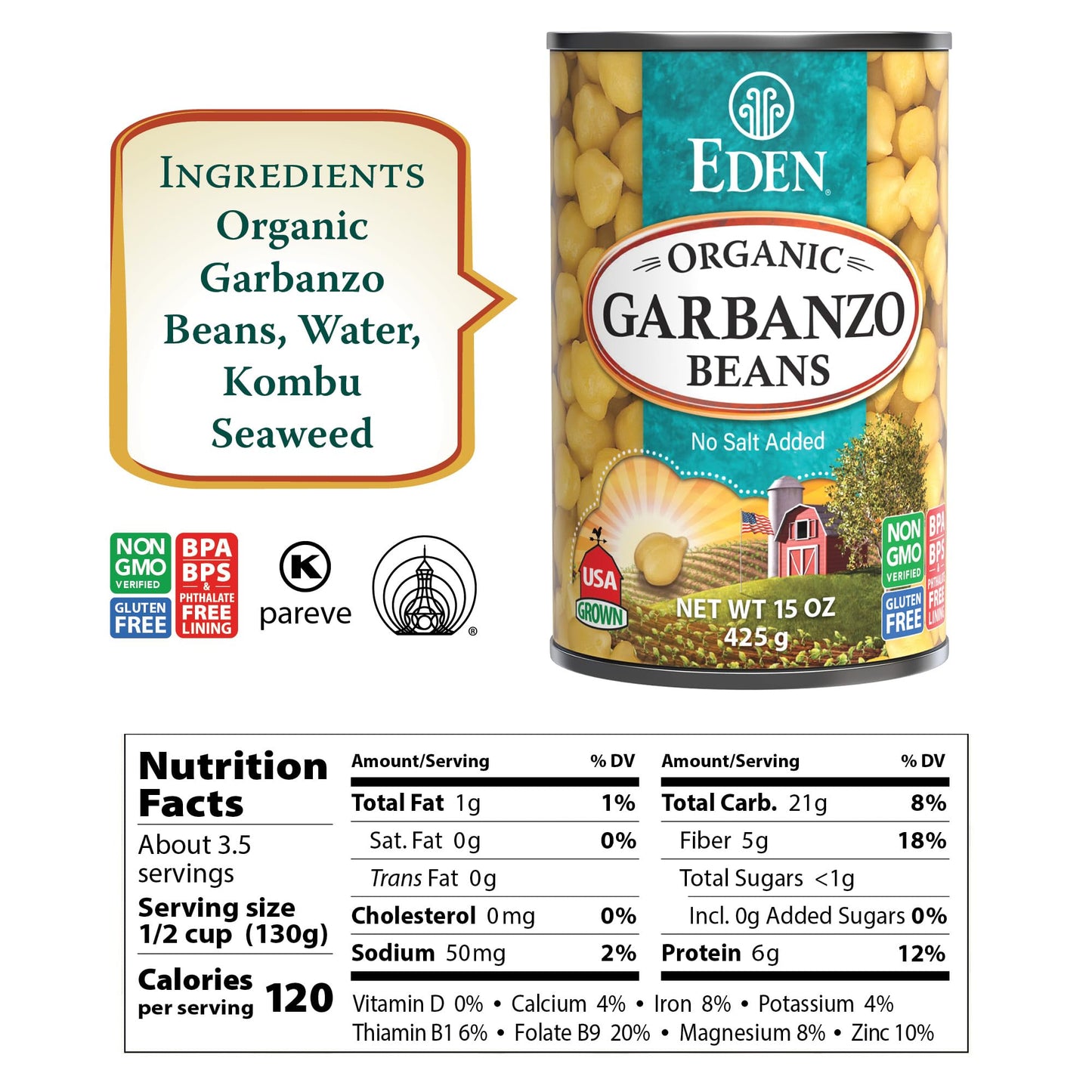 Eden Organic Garbanzo Beans, Chickpeas, 15 oz Can (12-Pack Case), No Salt Added, Non-GMO, Gluten Free, Vegan, Kosher, U.S. Grown, Heat and Serve, Macrobiotic