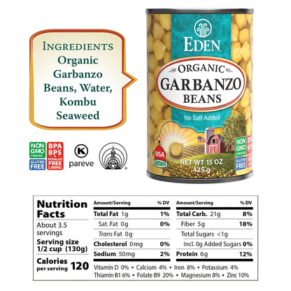 Eden Organic Garbanzo Beans, Chickpeas, 15 oz Can (12-Pack Case), No Salt Added, Non-GMO, Gluten Free, Vegan, Kosher, U.S. Grown, Heat and Serve, Macrobiotic
