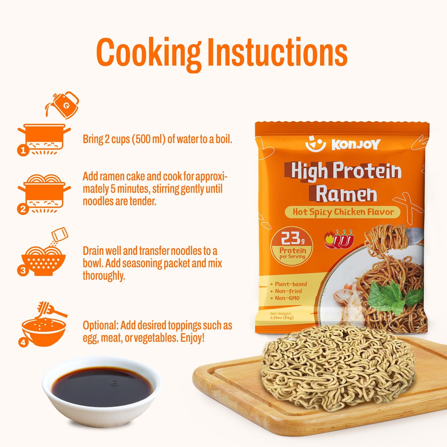 KONJOY High Protein Ramen Noodles - Hot Spicy Chicken Flavor, 23g Plant Based Protein, Low Fat & Non Fried, Non-GMO, Vegan Instant Noodles, 5 Pack