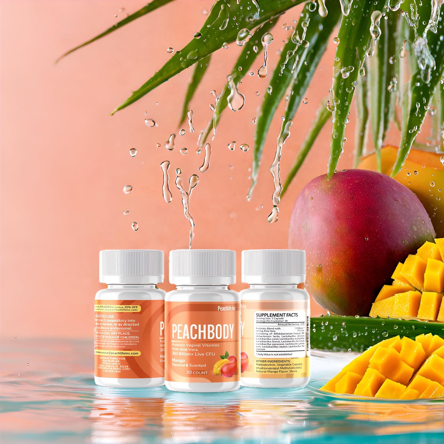 Peachlife Mango Scented & Flavored Probiotic Vaginal Suppositories | 30 Vegetable Capsules with Aloe Vera, Stevia, 11 Strains and 360 Billion+ Live CFU | Made with Natural Extracts Peachbody