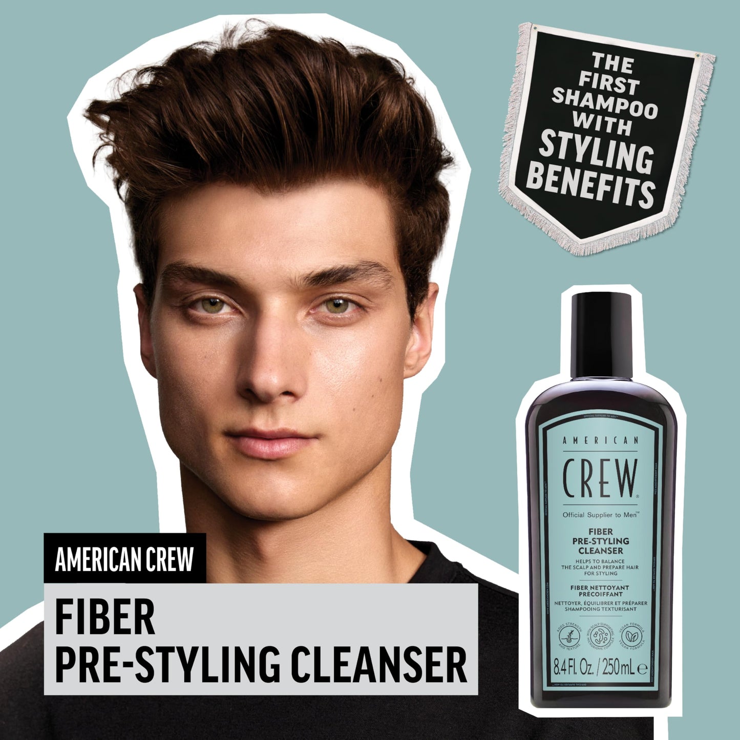 AMERICAN CREW Men's Pre-Styler Fiber Shampoo for Damaged & Fine Hair, Strengthening Shampoo, Adds Thickness & Shine, Vegan, 8.4 fl oz