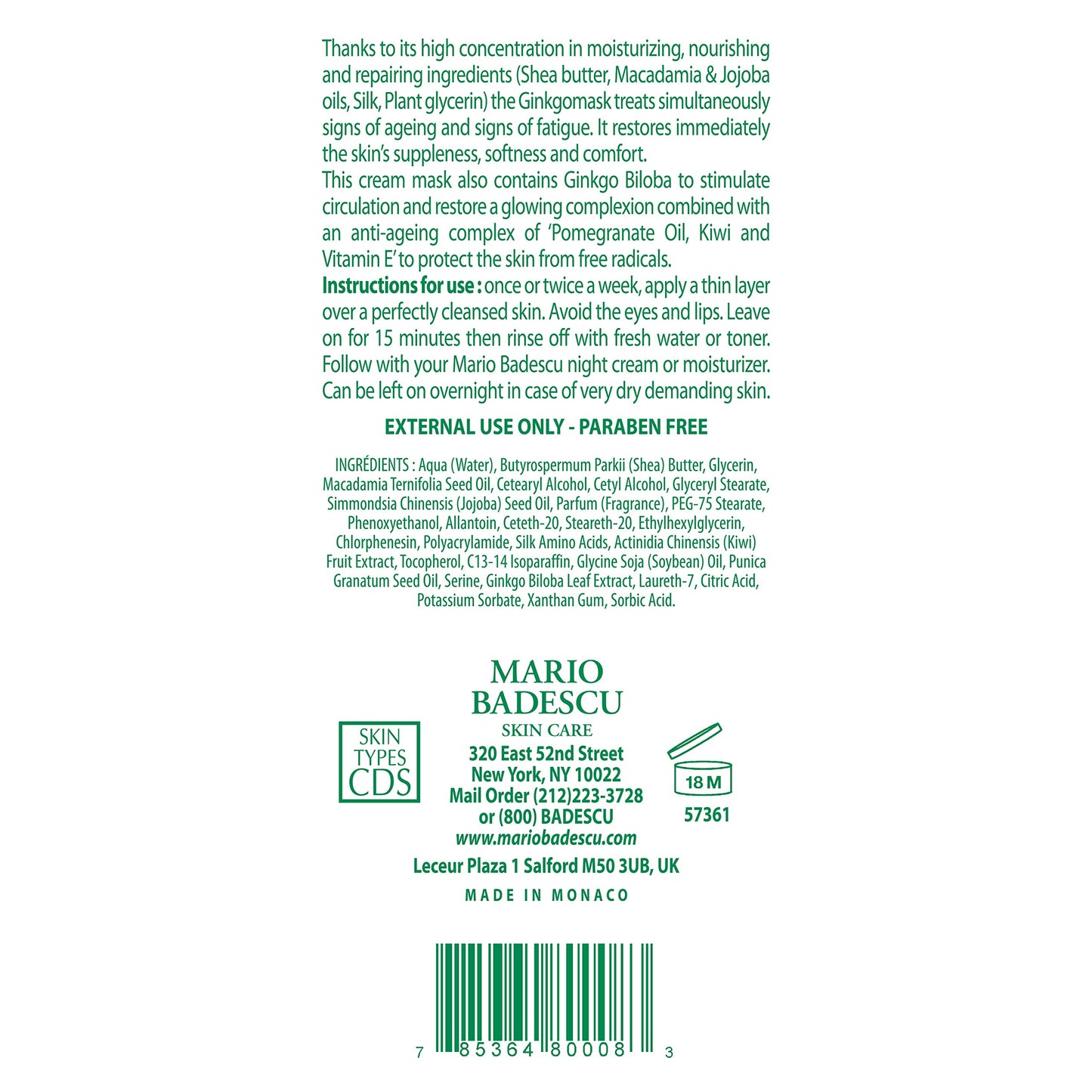 Mario Badescu Ginkgo Mask, Hydrating Skin Care Face Mask for Men and Women with Shea Butter and Vitamin E, Nourishing Facial Mask for Softer, Smoother, Radiant Complexion, 2.5 Oz