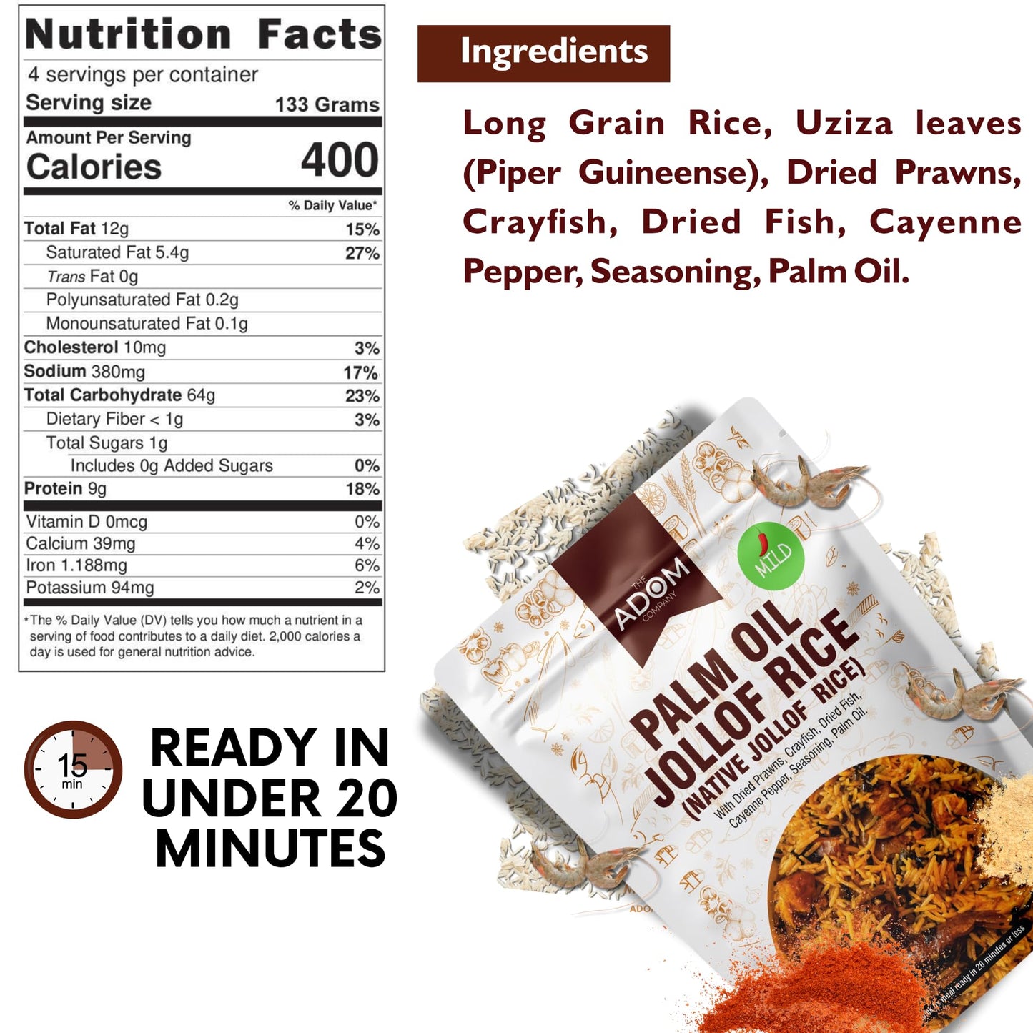 THE ADOM COMPANY - Authentic Native Jollof Rice Mix, Ready-to-Cook, Richly Spiced, All-Natural, No Preservatives, 20-Min Meal, Perfect for Family & Parties, 430g (Mild)
