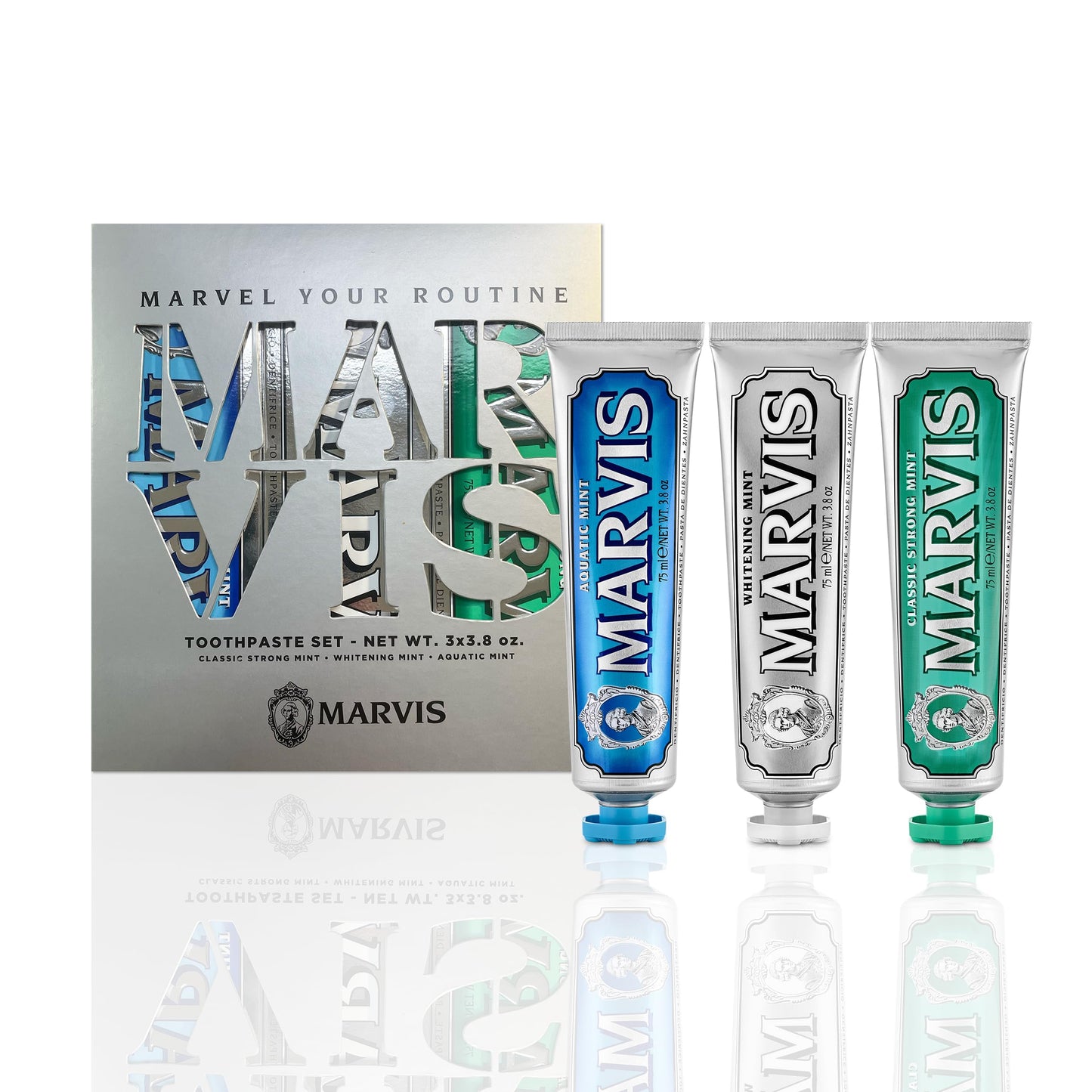 Marvis Best Sellers Trio, Classic Strong Mint, Whitening Mint, Aquatic Mint, 3 Tubes 75ml/3.8oz Each