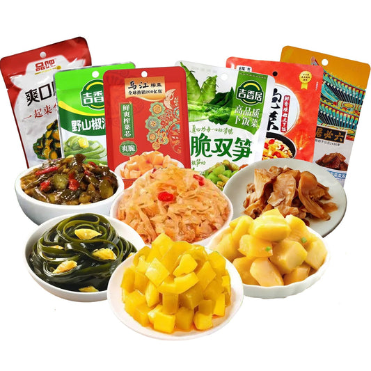 Zhacai Pickled（575g/20.3oz,6Packs/Bag) Si Chuan Zha Cai For Sushi Chinese Pickles Variety Set Asparagus Lettuce & Bamboo Shoots Kelp Shreds Ginger Slices Cucumber Kimchi Preserved Mustard Stem