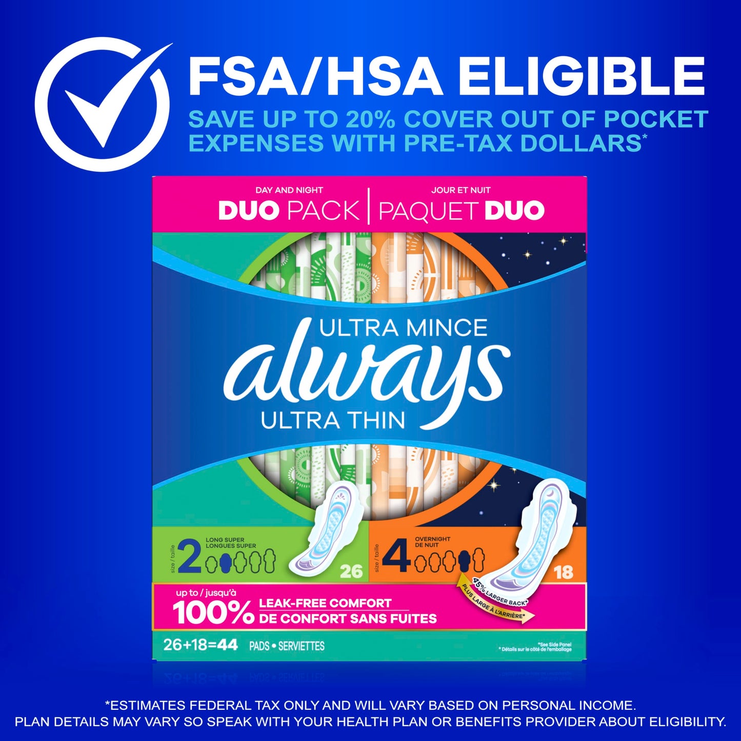 Always Ultra Thin Pads Duo Pack, Feminine Pads with Wings for Women, Size 2 Long Super and 4 Overnight Absorbency, Unscented, Up to 100% Leak-Free Protection, 44 CT