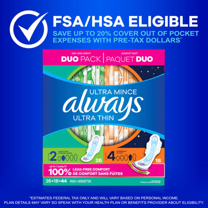 Always Ultra Thin Pads Duo Pack, Feminine Pads with Wings for Women, Size 2 Long Super and 4 Overnight Absorbency, Unscented, Up to 100% Leak-Free Protection, 44 CT