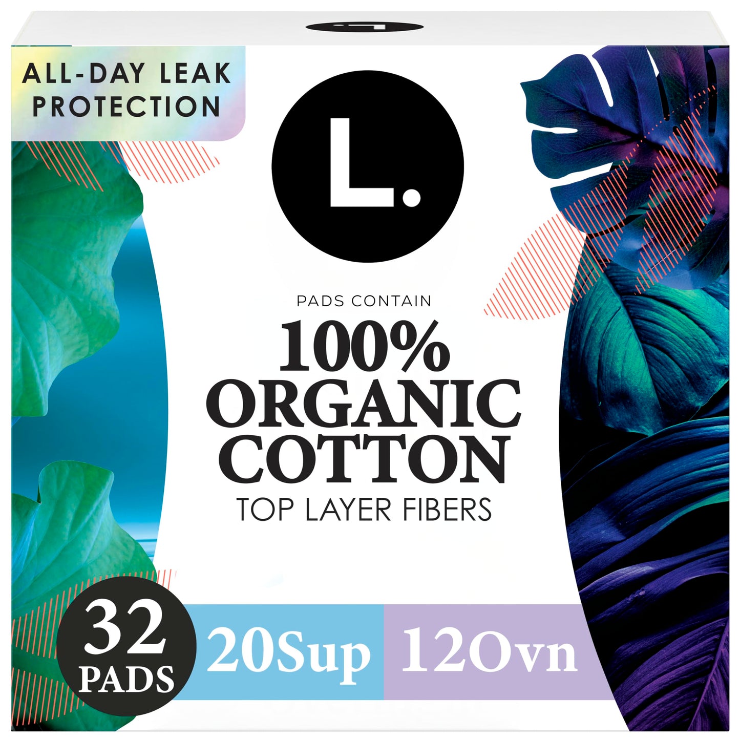 L. Ultra Thin Pads for Women, Organic Cotton Top Layer, Super + Extra Long Overnight Duo Pack Absorbency, Menstrual Pads with Wings, 32 Count