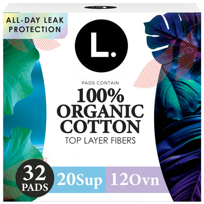L. Ultra Thin Pads for Women, Organic Cotton Top Layer, Super + Extra Long Overnight Duo Pack Absorbency, Menstrual Pads with Wings, 32 Count