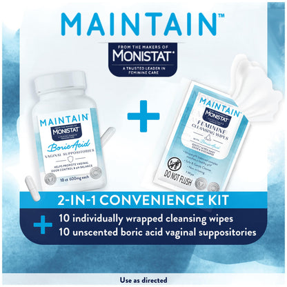 Monistat Maintain Boric Acid Odor Control Kit, 10 Feminine Wipes & 10 Boric Acid Suppositories for Women, Fragrance-Free and Non-Irritating pH Balanced Formulas to Control Vaginal Odor