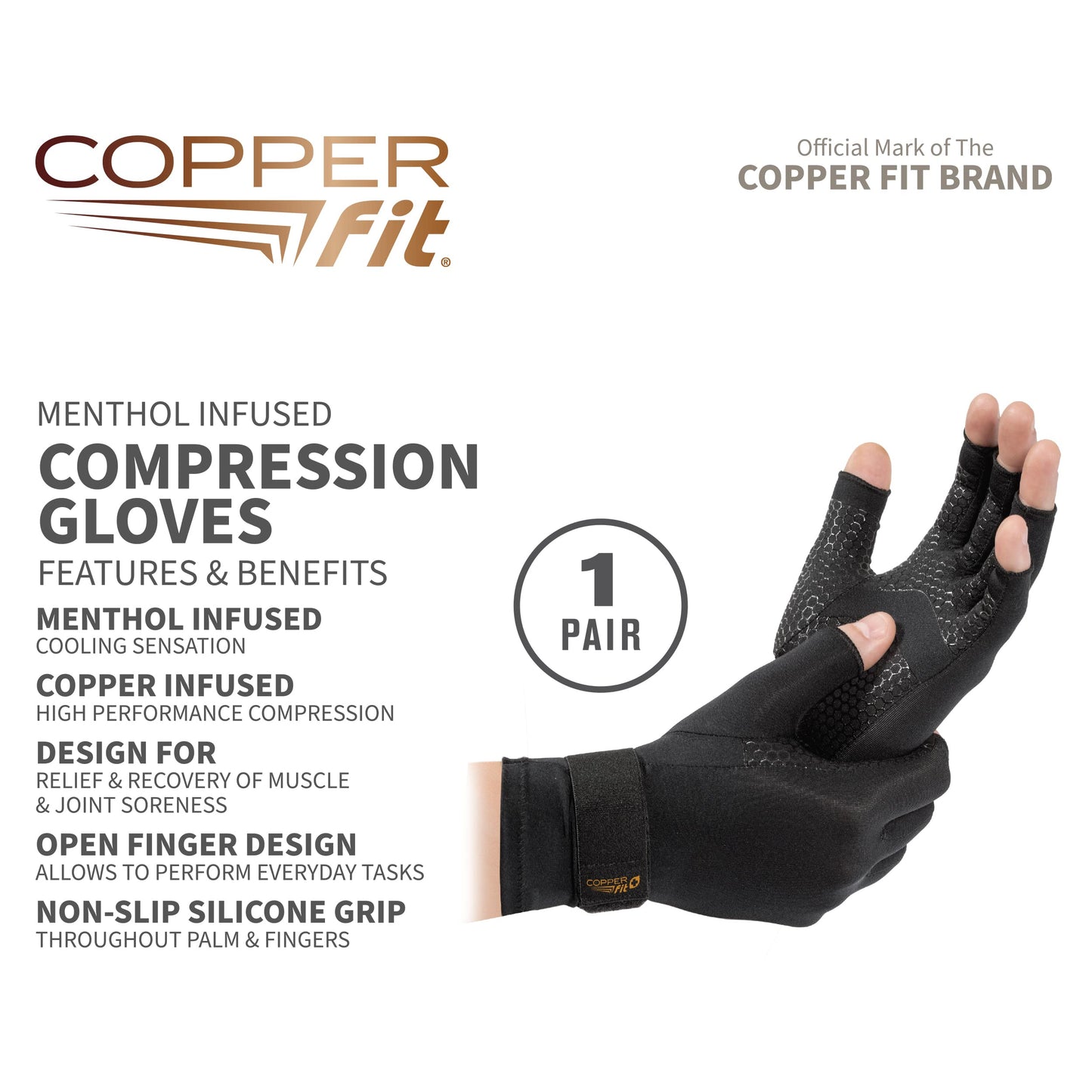 Copper Fit ICE Compression Gloves Infused with Menthol and Coq10 for Recovery, Black