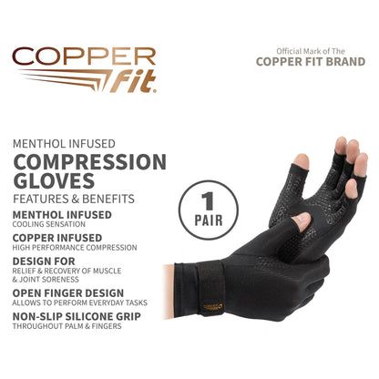 Copper Fit ICE Compression Gloves Infused with Menthol and Coq10 for Recovery, Black
